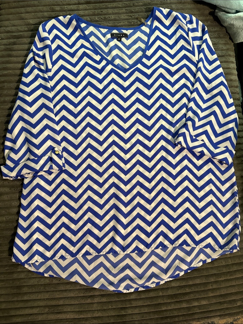 Kiara Royal Blue and White Chevron V-Neck Blouse